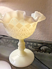 Vintage Fenton Custard Glass Daisy and Button Ruffled Compote Uranium UV GLOWS picture