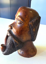 Vintage Hand Carved Wood Bearded Man Smoking Pipe Bust Folk Art Sculpture 10” picture
