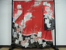 Vintage Japanese Red Silk Furisode Kimono, Imperial Ox Carts, Chrysanthemum & Pl picture