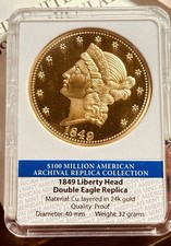 1849 Liberty Head Double Eagle Replica Layered in 24K Gold Proof Limited Edition picture