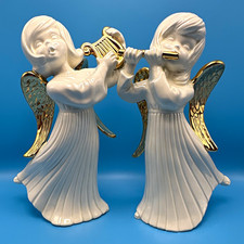 Vintage 1981 Atlantic Mold Ceramic Musical Angels Harp Flute Gold Wings Pair picture