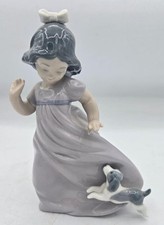 VTG 1987 Nao By Lladro Porcelain Daisa Girl Running With Dog Blue Gray Tones picture