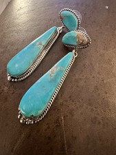 Vintage Navajo Sterling Silver Turquoise Long Dangle Post Earrings Signed “M” picture