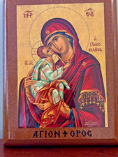 Wood Icon copy of an old Orthodox Byzantine  Virgin Mary and child Jesus picture