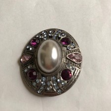 Vintage Oval Brooch Fake Pearl Purple & Pink Stones Silver Tone picture