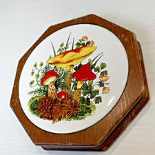 Vintage 1970's Wood & Ceramic mushroom Trivet Hot Pad picture