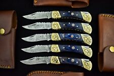 Lot of 5 HAND FORGED DAMASCUS Steel Folding Lock back Pocket Knife with Sheath picture