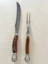 19th Century Antique deer(stag) antler Carving Set with sterling silver pommels picture