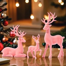 3 Pc Large Flocked Reindeer Figurines Pink Christmas Decor Resin picture