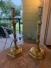 Large 16” Tall Brass Virginia Metal Crafters Candle Stick Pair Six Sided Base picture