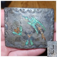 Vtg Native American Signed JJ Sterling Silver Turquoise Coral Inlay Belt Buckle picture