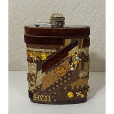 Vintage 8 oz. Stainless Steel Flask With Velour & Plastic Jewels Brown Amber picture