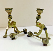 VTG Brass Metal Weightlifting Frog Candlestick Holders Pair Barbell Strongman picture