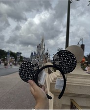 Disney Parks 2026 Black Silver Rhinestone Crown Mickey Minnie Ear Headband New picture
