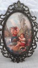 Vintage Made in Italy Kids Playing Print Oval Glass Ornate Metal Frame EUC picture
