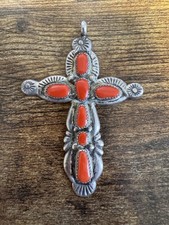 Zuni Coral Cross Sterling Silver Pendant - Signed Horace Iule - 3”- Vintage picture