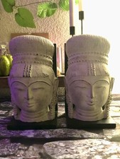 Pair Of Thai Buddha Head Stone Or Plaster  Bookends Heavy Distressed Finish Zen picture