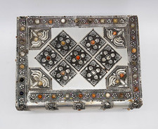 Vintage Silver Tone Jeweled Jewelry Box Cantilever Trays Mirror Indian Style picture