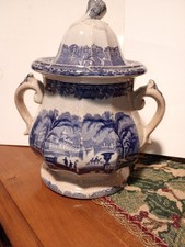 19th Century Antique Victorian Purple Transferware Double Handled Sugar Bowl picture