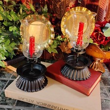 Pair Black Metal Vintage Carriage Light Candle Sconces w/ Brass Tone Reflectors picture