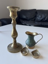 Vintage Solid Brass Lot of 4 – Candlestick Holder, Mini Pitcher & Small Bowls picture