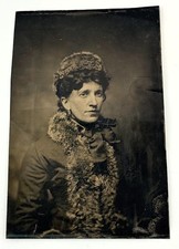 Antique Tintype Photo Elegant Victorian Woman Fur Collar Muff Hat Portrait Stern picture