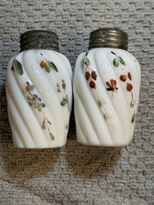 Antique Victorian Milk Glass Salt Pepper Shakers Hand Painted Swirl Floral Pair picture