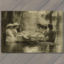 POSTCARD Edwardian Ladies Tea Table Swamp Alligator Surreal Gothic picture