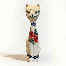 Ceramic Cat Figurine 8.25” Long Neck Floral MCM Kitsch Decor Retro Vintage Style picture