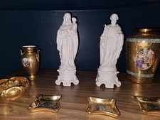 Antique Mauger et Fils French Bisque Porcelain Statues Mary Joseph Pair IHS AM picture