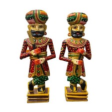 Pair Of Rajasthani Wooden Statue Handicraft Painted Royal Gate Keeper Watch Men picture
