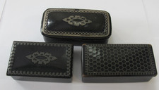 Antique Black Lacquered Paper Mache Inlaid Miniature Snuff Box LOT (3) picture