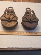 2 Antique Hudson #764 Wood and Cast Iron Pulley 5 1/2'' Wood Wheel Farm Decor picture