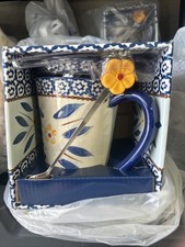 Temp-Tations by Tara Old World Blue Coffee Tea Mug 14 oz. + Coaster Lid Spoon picture
