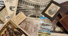 Lot of Antique Ephemera, Old Photos, Trinkets, Wooden Tray, WWll Book, Music… picture