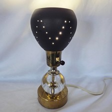 Vintage MCM Atomic Table Lamp Black Pierced Shade Brass Glass 10.5” picture