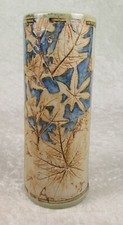 Malaysia Handicraft Tenmoku Pottery Vase Blue Tan Leaves Cylinder 9-1/4 inch Tal picture