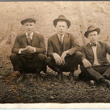 c1910s Three Men Dapper Suits Hats RPPC Postcard Bowtie Flat Cap Wood Chip Photo picture