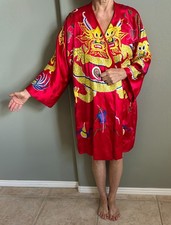 Vintage Chinese Silk Dragon Robe Handmade Lined Red Gold Kimono Coat 1970s picture
