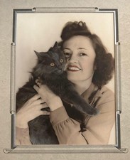 VTG 1940s Hand Tinted Photo Portrait Woman & Her Fluffy Grey Cat Art Deco Folder picture