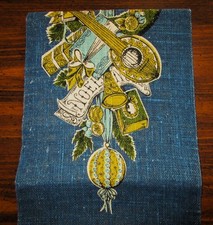Vintage Linen Tea Towel Noel Musical Instrument Ribbon Bulbs Stricklands Unused picture