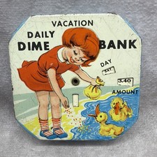 Vintage 1950s Kalon Daily Dime Bank Vacation Tin Litho Girl w Ducks Coin Savings picture