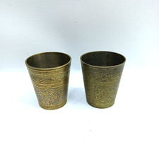 Vintage Brass Shot Glass Cup Vessel Lassi Handmade Etched India #557 Lot Of 2 picture