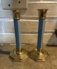 Pair Of Vintage Brass And Blue Candlesticks Hollywood Regency 1980s picture