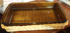 Vintage Amber Pyrex 232 Two Qt Casserole Dish In Weaved Basket  picture