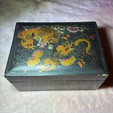 Vintage Japanese Black Lacquer Nesting Boxes Gold Dragon Art Set picture