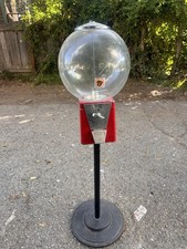Vintage Oak Gumball Machine with Red Base, Glass Globe and Stand picture