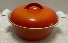 Vintage Descoware Enameled Cast Iron CASSEROLE Orange Tab Handles Belgium 17-D picture