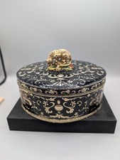 Vintage Black Enamel & Gold Oval Jewelry Box, Rhinestone Leopard Finial, Mirror picture