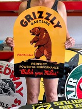 Vintage Old Style Sign Grizzly Gasoline NOT Porcelain Made in USA picture